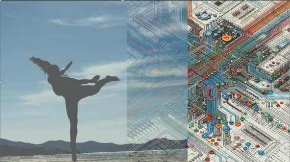 Double exposure image of a silhouetted individual in a balancing pose and a complex, glowing digital landscape.